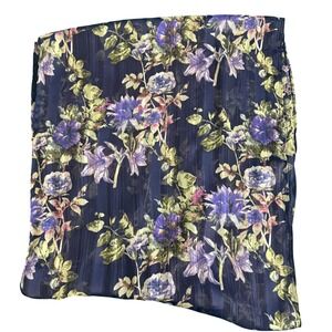 Sheer Floral Print Scarf Navy Blue Purple Accent Metallic Stripes
